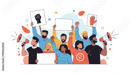 Diverse group of activists participating in a peaceful protest with megaphones, raised fists, and blank signs to demand social justice.
