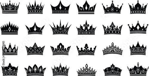 Royal Crown Silhouette Vector Set with King and Queen Tiara Designs, Luxury Heraldic Black Crown Icons in Elegant Vintage Graphic Style