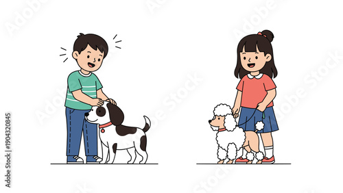 Happy children playing with their pet dogs including a spotted beagle and a fluffy white poodle in a simple character illustration.