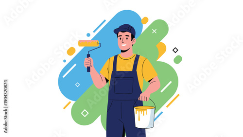 Smiling professional male painter holding a paint roller and a bucket of yellow paint against a colorful abstract background shape.