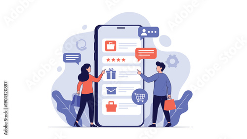 Man and woman interacting with a giant smartphone screen to shop online for gifts and clothes using a mobile retail application.