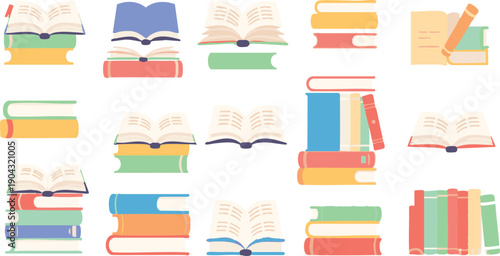 Books, cute open school textbook. Flat colorful notebook stack, pile 2d set. Cartoon bookstore and library, literature and dictionary, education and reading concept. Paper book vector isolated set