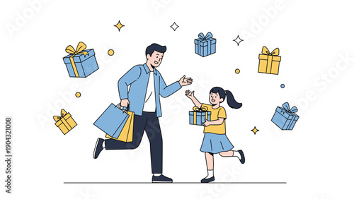 Joyful father returning home with shopping bags and greeting his young daughter who is holding a wrapped gift box.