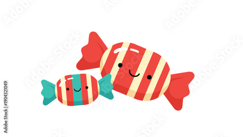 Two adorable cartoon wrapped candies with happy smiling faces, one large and one small, illustrated in a cute and simple style.