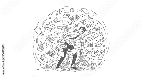 Vector illustration of a man overwhelmed by business and technology icons and objects, for website or presentation background
