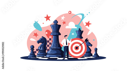 Strategic businessman standing on a large chessboard next to a target symbol representing goal oriented planning and corporate tactics.