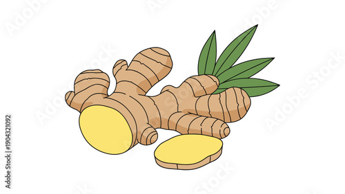 Fresh whole ginger root with green leaves and sliced pieces on a clean white background for culinary and medicinal concepts.
