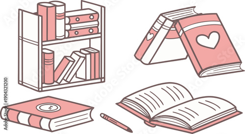 Books, cute open school textbook. Flat colorful notebook stack, pile 2d set. Cartoon bookstore and library, literature and dictionary, education and reading concept. Paper book vector isolated set