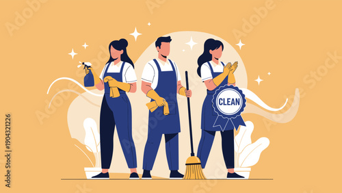 Team of professional cleaning service workers in blue uniforms holding a spray bottle, rag, and broom for hygiene maintenance.