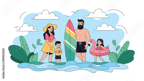 Happy family with a young son and daughter enjoying a summer vacation at the beach with a surfboard and flamingo floaty.