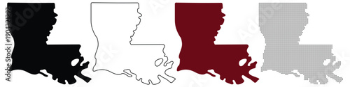 Louisiana State Map Silhouettes in Black, Outline, Maroon, and Dotted Styles