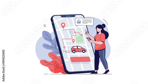 Woman using a giant smartphone screen with a city map to book a car rental or ride sharing service through an application.