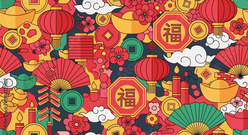 Detailed Chinese New Year seamless pattern in flat design style, featuring red lanterns, gold yuanbao, plum blossoms, Fú characters, auspicious coins, and fans.