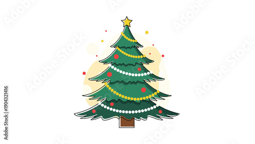 Cute and simple cartoon Christmas tree with a star topper and colorful ornaments, ready for the happy holiday winter season.