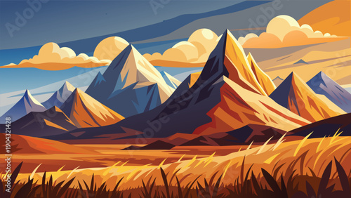 Majestic mountains under a golden sky with rolling dry fields
