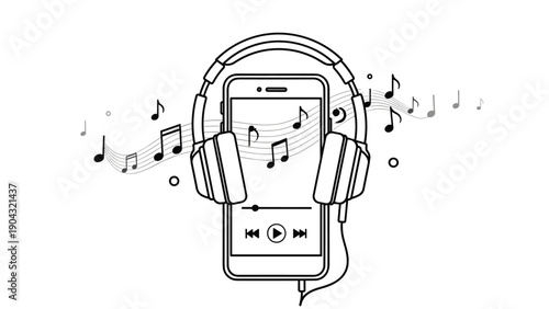 Black and white line art illustration of a smartphone with headphones and floating musical notes representing digital audio streaming.