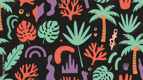 Vibrant and seamless tropical pattern with colorful abstract leaves, palm trees, and corals on a dramatic black background for fabrics.