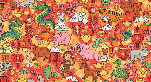 Detailed seamless monoline pattern featuring Chinese Lunar New Year festive symbols: red lanterns, dragons, auspicious fish, plum blossoms, gold ingots, and firecrackers.