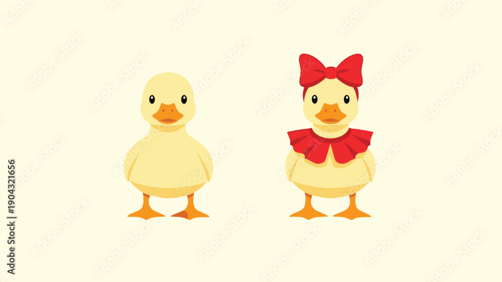 Fototapeta premium Adorable pair of cute cartoon yellow ducklings, one male and one female with a red bow, standing on a pale yellow background.