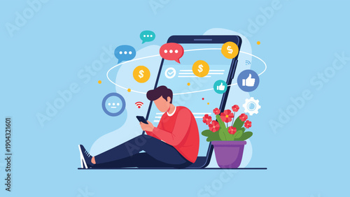 Young man sitting and using his smartphone while surrounded by digital icons representing social media engagement and financial gains.