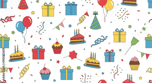 Seamless birthday party pattern background featuring cartoon cakes, festive balloons, wrapped gifts, party hats, and confetti on a light beige backdrop.