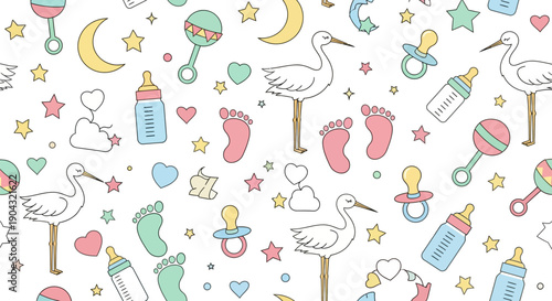 Seamless pattern of pastel baby shower essentials including storks, footprints, feeding bottles, pacifiers, rattles, stars, and moons on a white background, vector illustration.