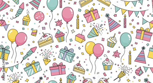 Seamless pattern of colorful doodle birthday party elements including balloons, gift boxes, cupcakes, cake slices, party hats, and confetti on a white background.