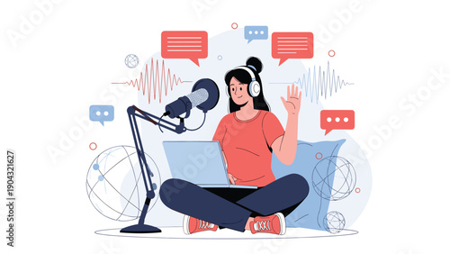 Creative female podcast host speaking into a microphone while recording an episode with sound waves and speech bubbles in the background.