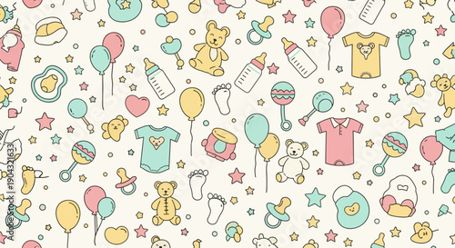Cute hand-drawn seamless vector pattern of pastel baby essentials: teddy bears, bottles, rattles, pacifiers, onesies, balloons, and footprints, ideal for fabric, wallpaper, or stationery.