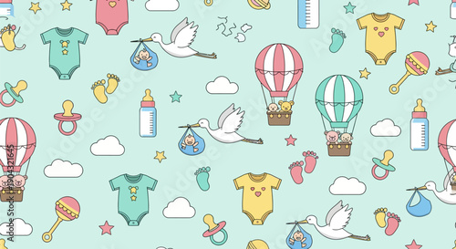 Seamless pattern of newborn essentials: pastel baby bodysuits, feeding bottles, pacifiers, rattles, footprints, diapers, and toys, presented as outlined flat vector icons on white.