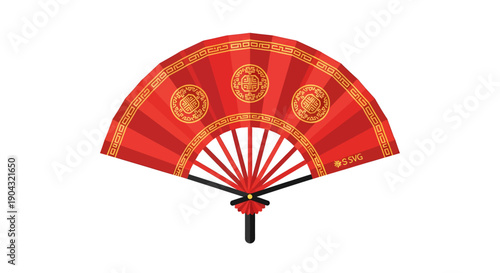Red Handheld Fan with Gold Embellishments.