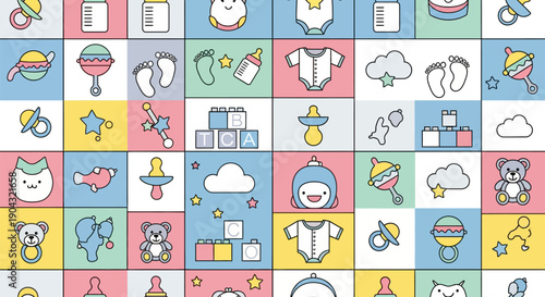 Pastel flat line icons baby pattern. Repeating seamless tiled design featuring various neonatal items like pacifiers, bottles, rattles, blocks, teddy bears, and clothing on colorful squares.