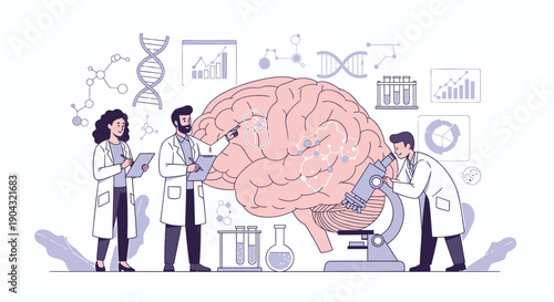 Scientists examining brain with microscope, DNA double helix, graphs and charts, laboratory setting, neuroscience research, vector illustration for presentation or website