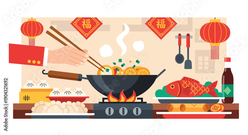 Wok Cooking Asian Food on Stove.