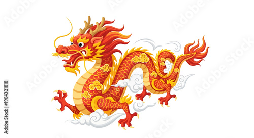 Vibrant Red and Gold Dragon Illustration.