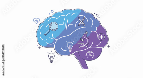 Brain with creative thinking icons, vector illustration for website, presentation or marketing material, isolated on transparent background, png