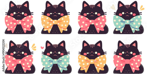 Ensemble d'illustrations vectorielles de petits chatons noirs mignons avec des nœuds à pois roses et jaunes isolés sur fond transparent.