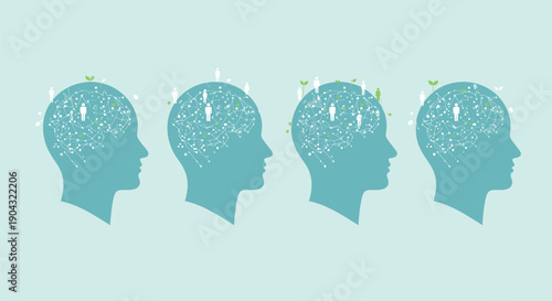 Vector illustration of four human heads with plants growing inside brains, symbolizing ideas or creativity, for poster or poster or infographic