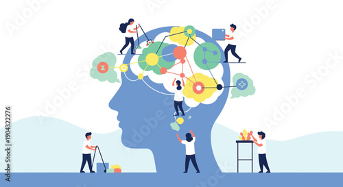 Vector illustration of people working together to build and organize thoughts, teamwork and collaboration concept for business or education, isolated on white background