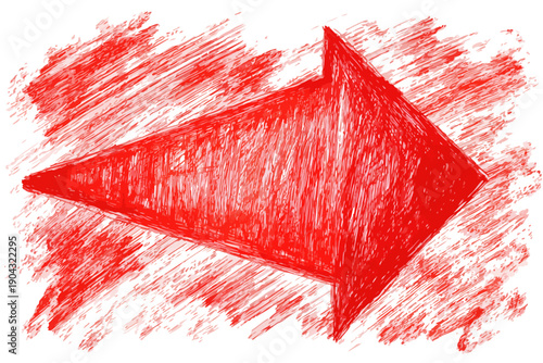 Une flèche rouge dessinée à la main avec un style de gribouillage artistique, idéale pour indiquer une direction sur un fond transparent isolé.