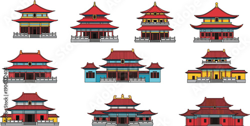 WebTraditional Chinese temple building collection illustration, ancient palace architecture set, oriental pagoda landmarks, Asian cultural heritage vector icons