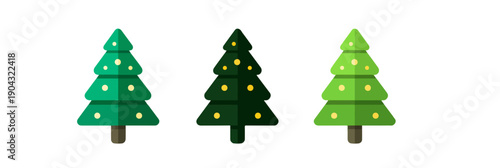 Trois sapins de noël stylisés en design plat avec des lumières jaunes sur fond blanc pour vos projets de fêtes de fin d'année créatifs.