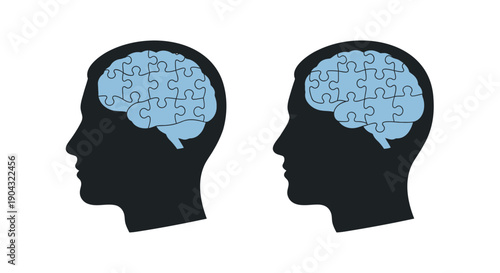 Two black silhouette heads with puzzle piece brains, symbolizing teamwork or partnership, isolated on transparent background, png