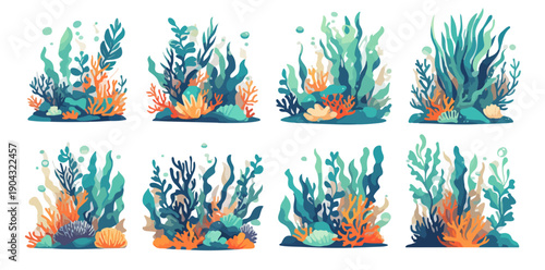 Collection d'illustrations de plantes sous-marines, algues et coraux colorés sur fond blanc pour des designs marins et aquatiques créatifs.