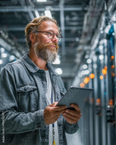 Engineer inspecting server rack aisle with tablet showing network map in data center room