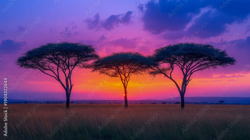 Obraz premium Dramatic African Sunset: Three Iconic Acacia Trees Silhouetted Against Breathtaking Tapestry of Purple, Pink, and Orange Hues over Golden Savanna Grassland