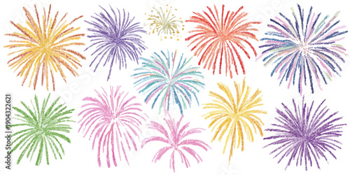 Une collection de feux d'artifice colorés dessinés à la main sur un fond blanc transparent pour les célébrations et les fêtes de fin d'année.