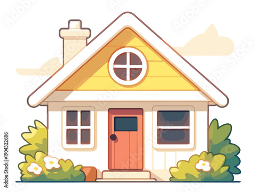 Une maison de style dessin animé au toit jaune avec une cheminée, une fenêtre ronde et un jardin fleuri isolée sur un fond transparent pour le design.