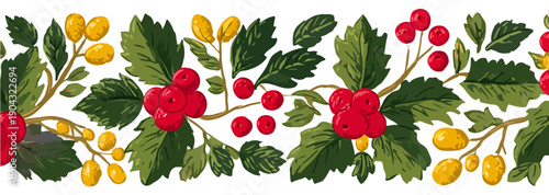 Bordure botanique horizontale avec des baies rouges et jaunes ainsi que des feuilles vertes sur fond transparent pour décorations de Noël.