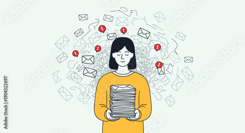 Vector illustration of stressed woman holding stack of papers with floating emails and notifications, for website or presentation use, Isolated on transparent background, png
